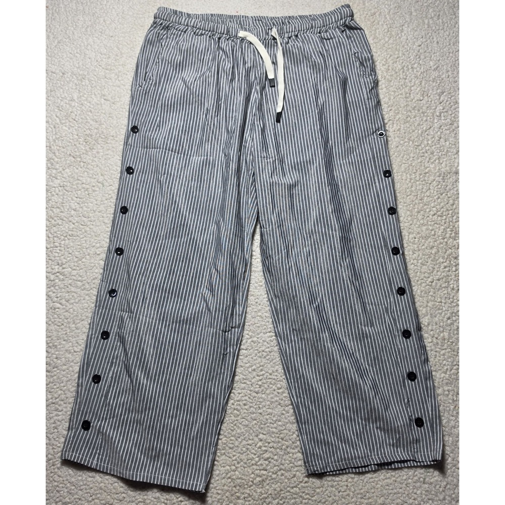 Blue White Striped Wide Leg Snap Button Side Pants XL Drawstring Waist Capri